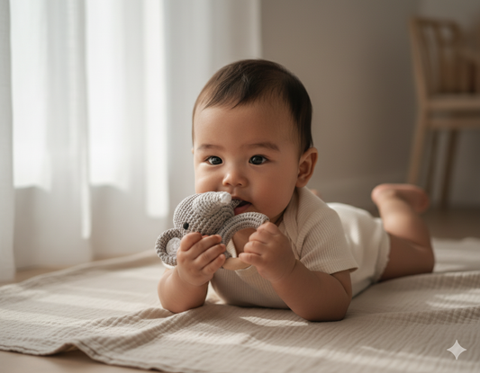 Elephant Crochet Baby Set – Natural Wooden Teether, Rattle & Pacifier Clip