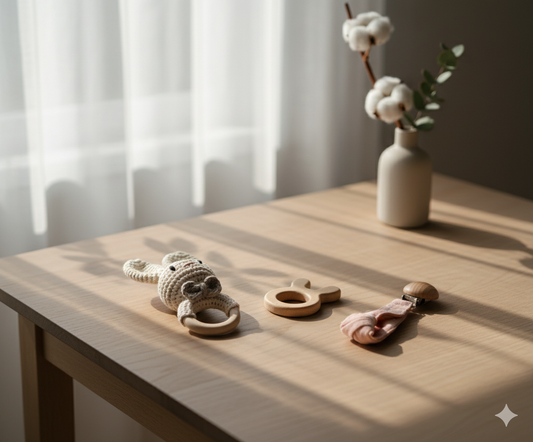 Bunny Crochet Baby Set – Natural Wooden Teether, Rattle & Pacifier Clip