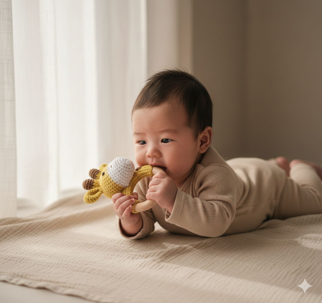 Giraffe Crochet Baby Set – Natural Wooden Teether, Rattle & Pacifier Clip