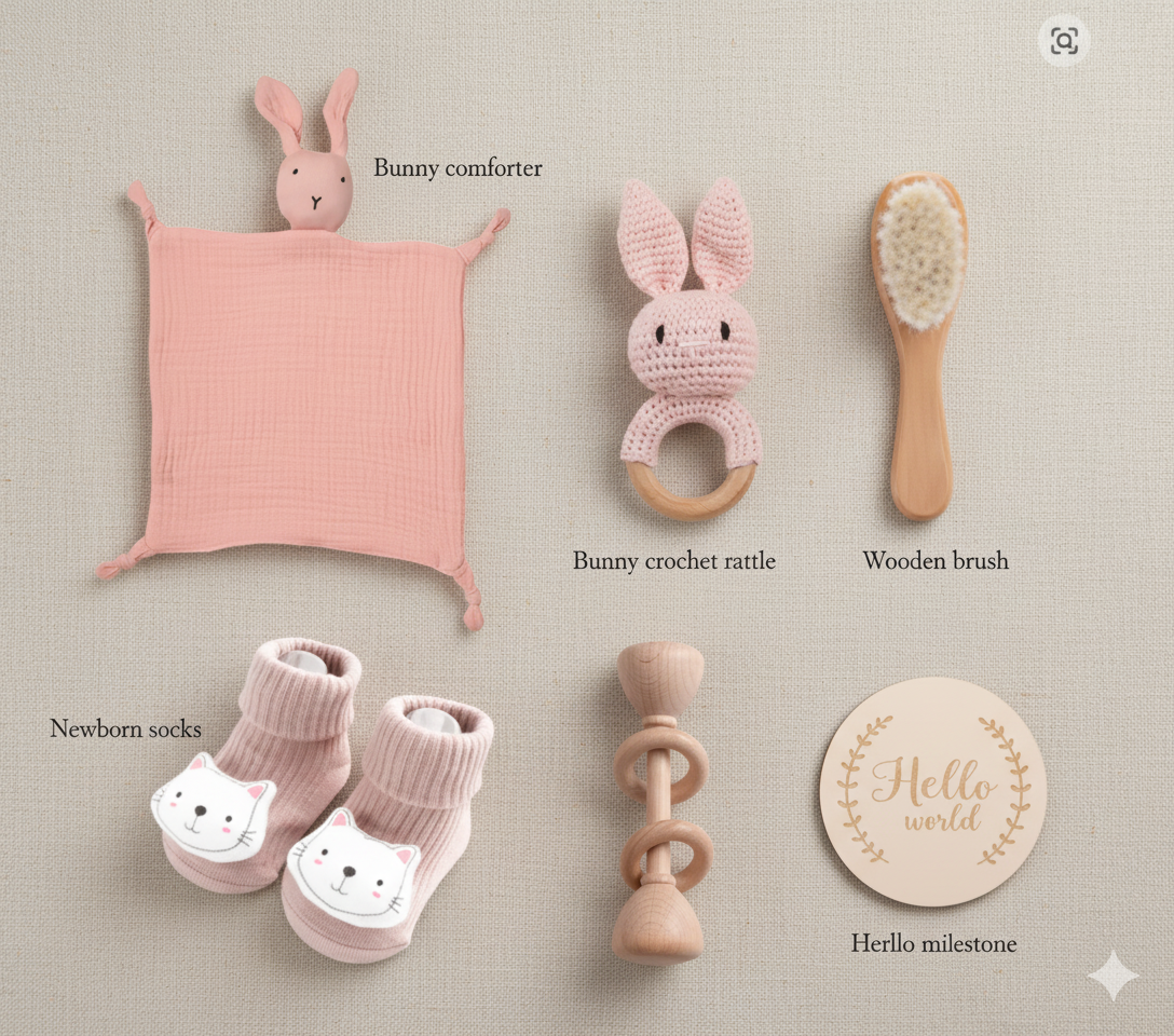 Pink Bunny Newborn Gift Box – Comforter, Crochet Rattle, Wooden Toys & Baby Essentials