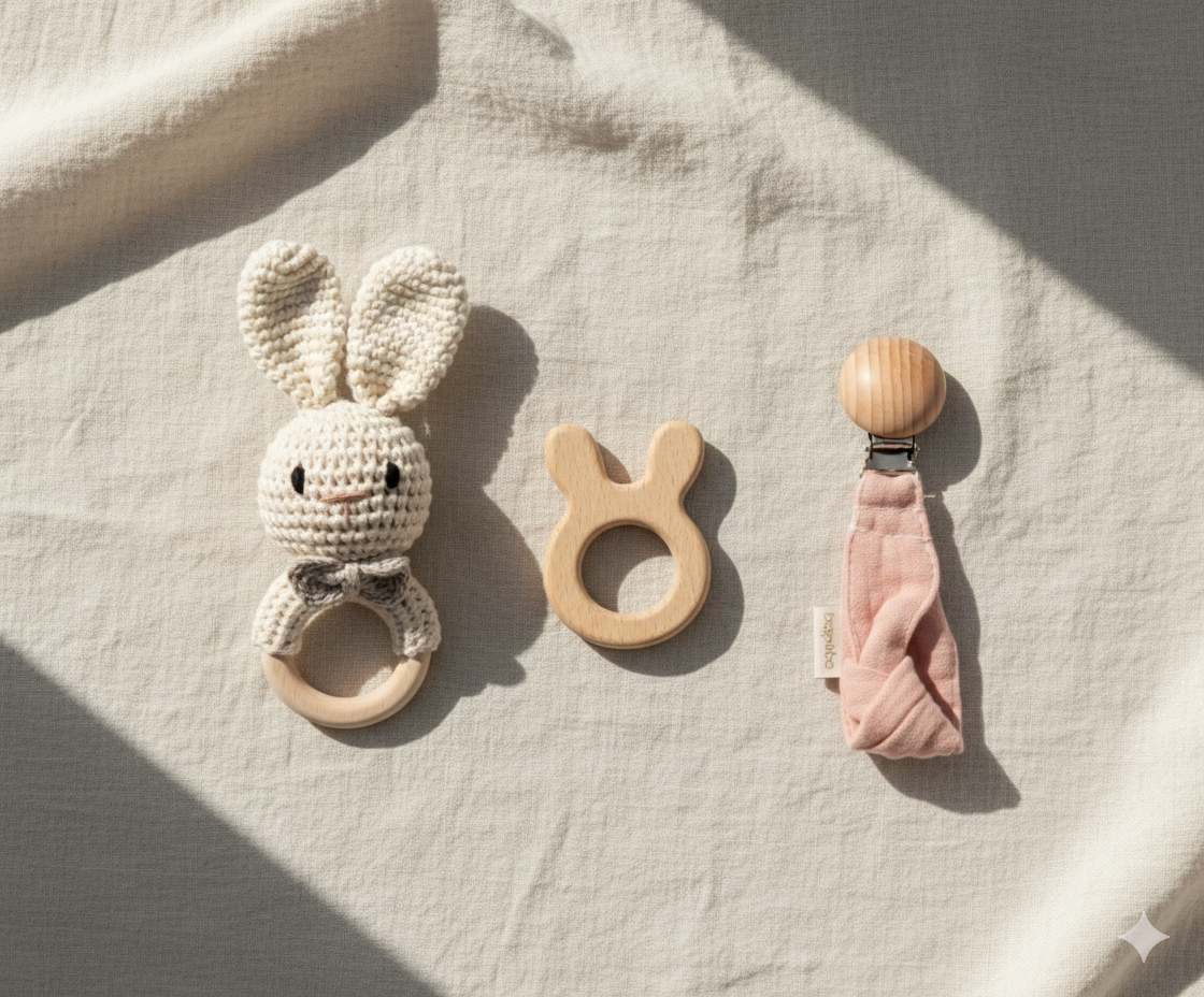 Bunny Crochet Baby Set – Natural Wooden Teether, Rattle & Pacifier Clip