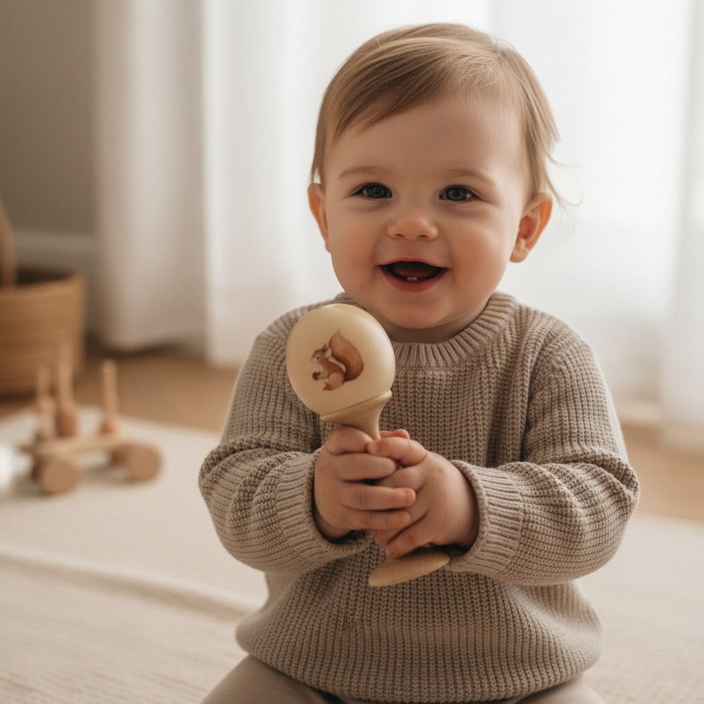 Wooden Maraca with Squirrel Illustration