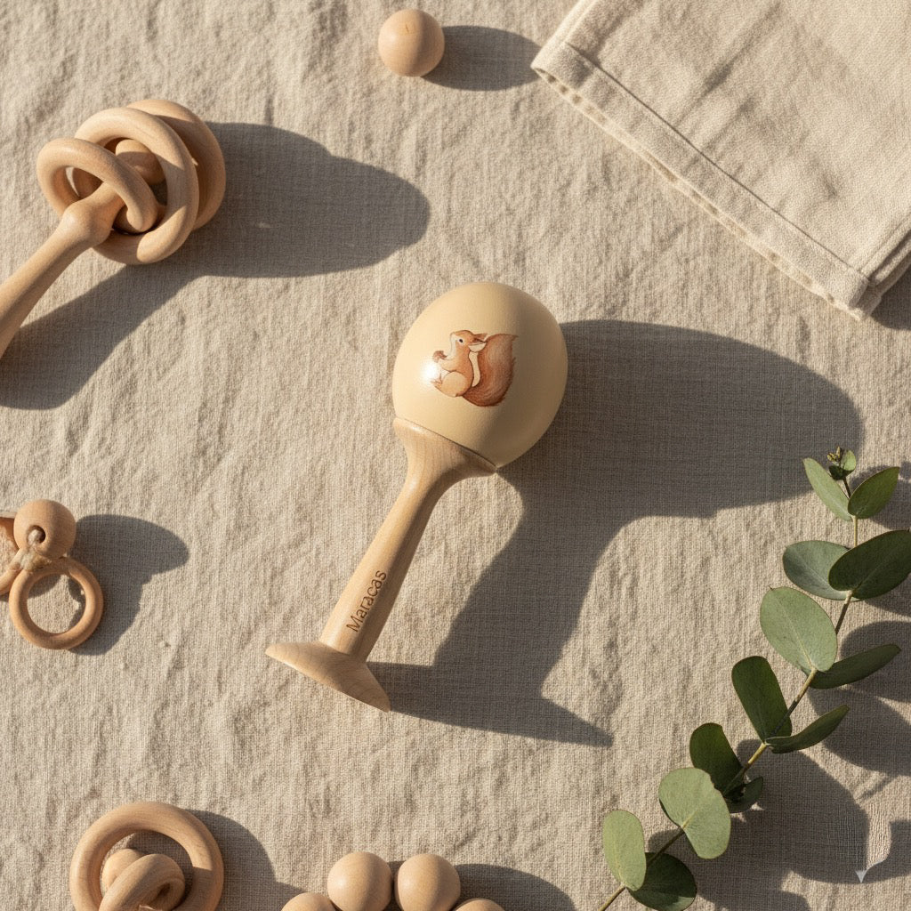 Wooden Maraca with Squirrel Illustration