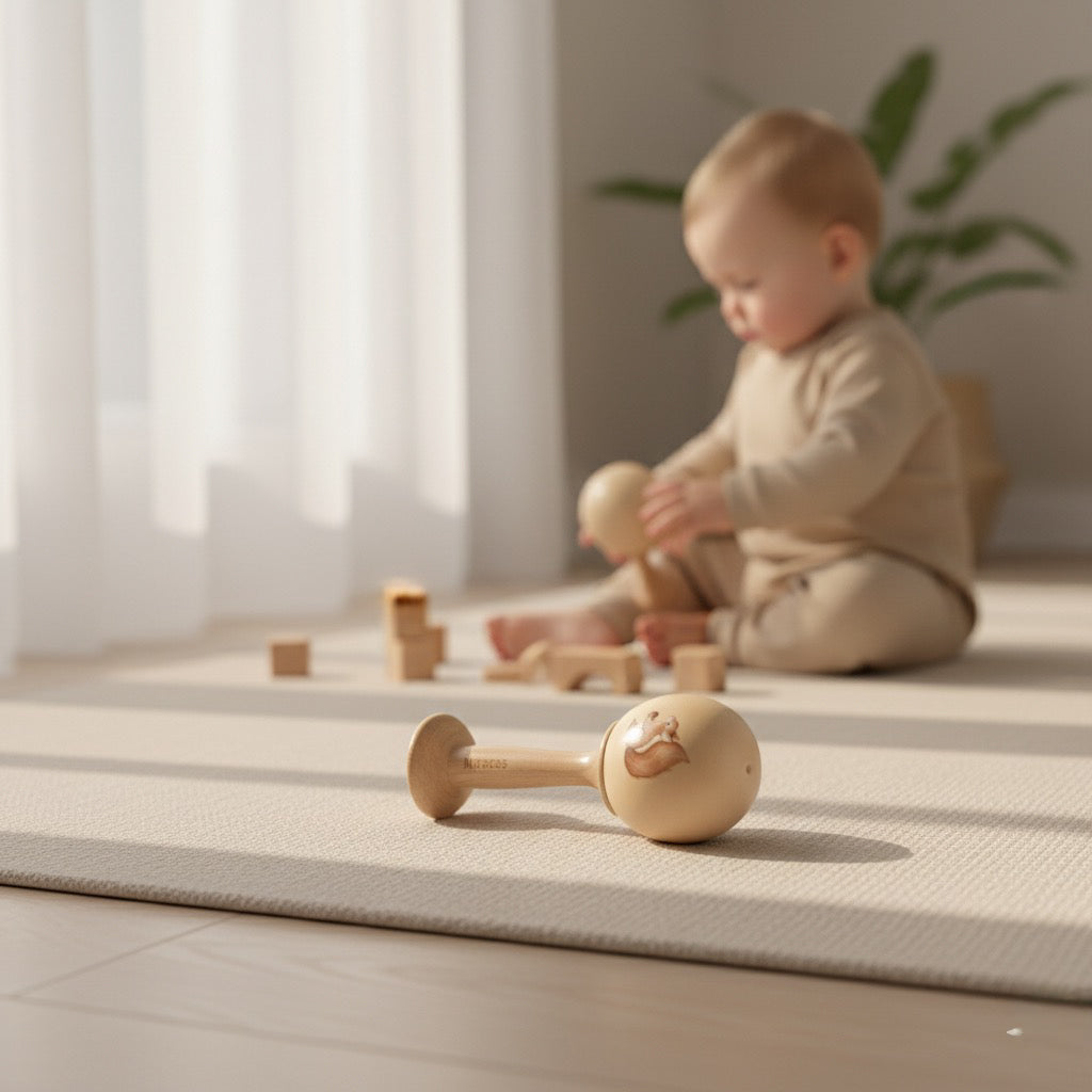 Wooden Maraca with Squirrel Illustration