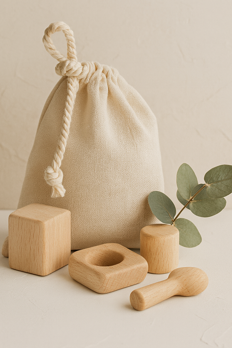 Beige drawstring bag with wooden blocks and a plant on a beige background
