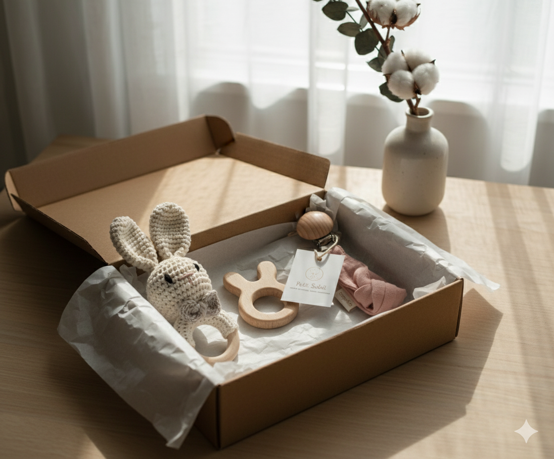 Bunny Crochet Baby Set – Natural Wooden Teether, Rattle & Pacifier Clip