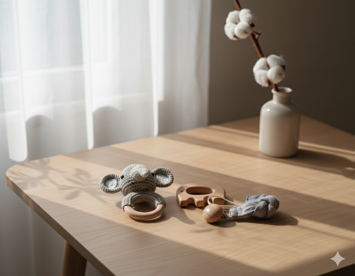 Elephant Crochet Baby Set – Natural Wooden Teether, Rattle & Pacifier Clip
