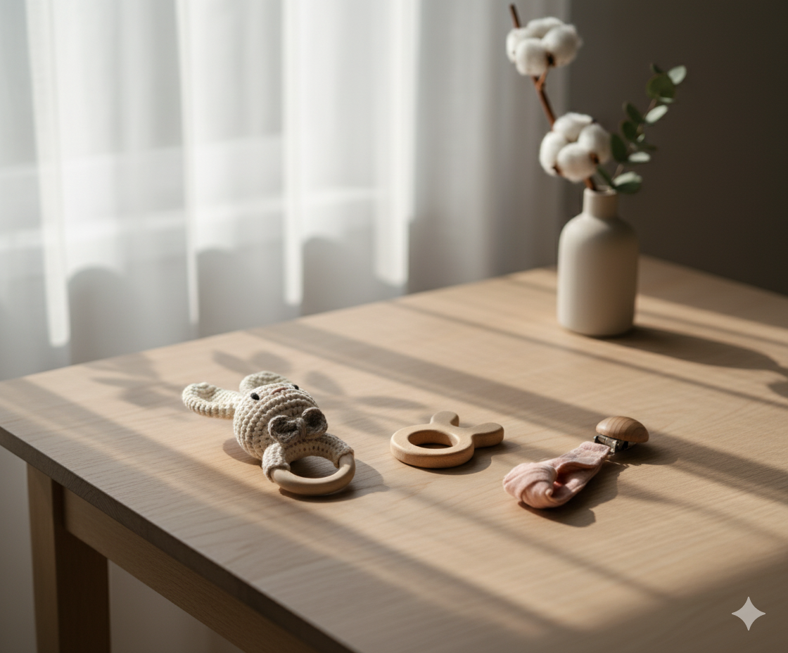 Bunny Crochet Baby Set – Natural Wooden Teether, Rattle & Pacifier Clip