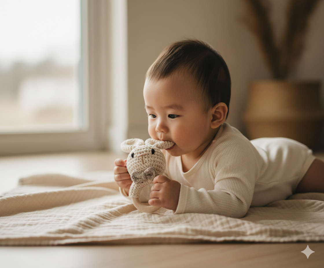 Bunny Crochet Baby Set – Natural Wooden Teether, Rattle & Pacifier Clip