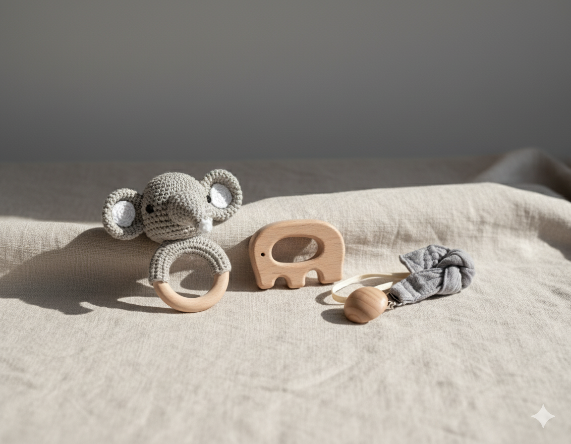 Elephant Crochet Baby Set – Natural Wooden Teether, Rattle & Pacifier Clip