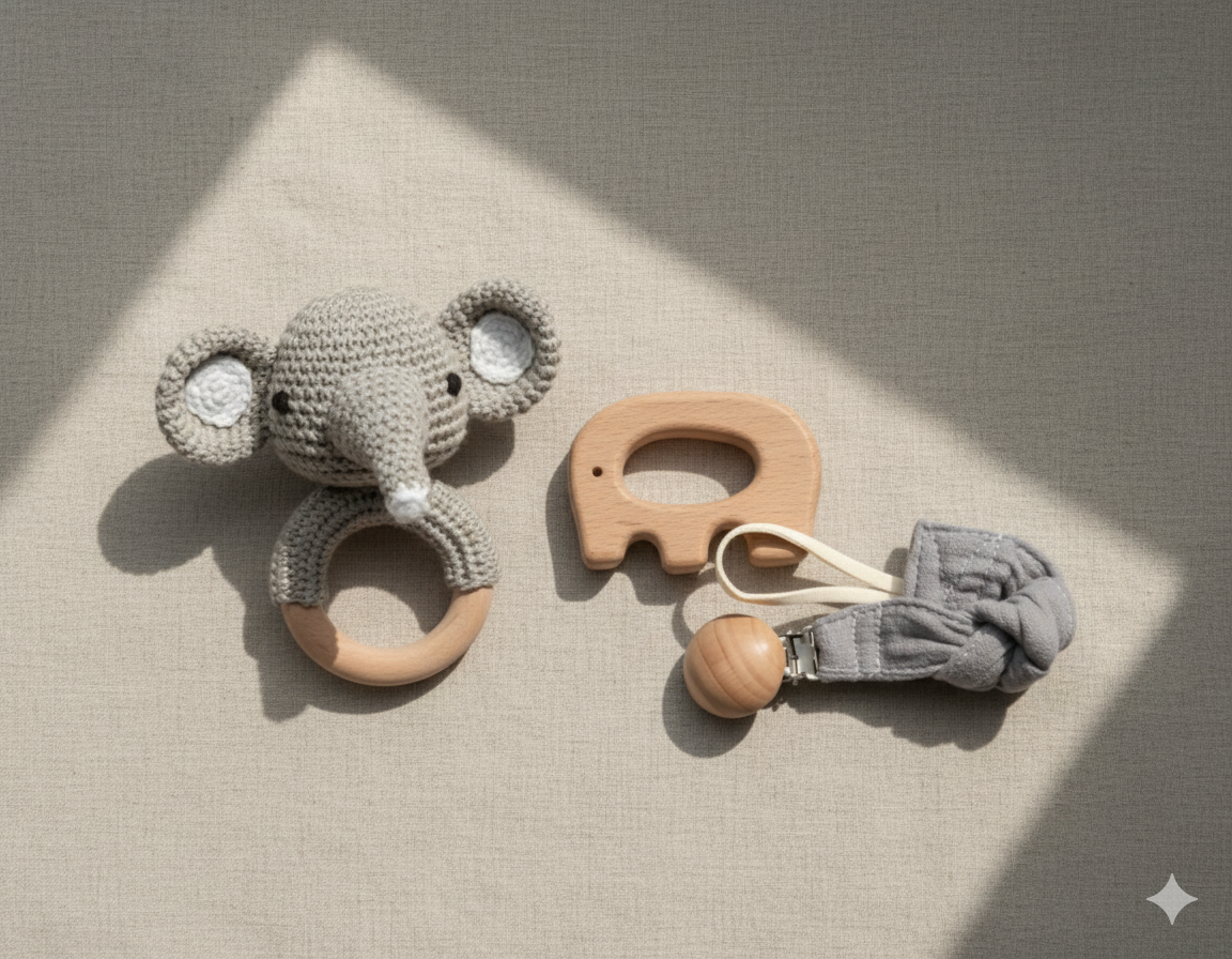 Elephant Crochet Baby Set – Natural Wooden Teether, Rattle & Pacifier Clip