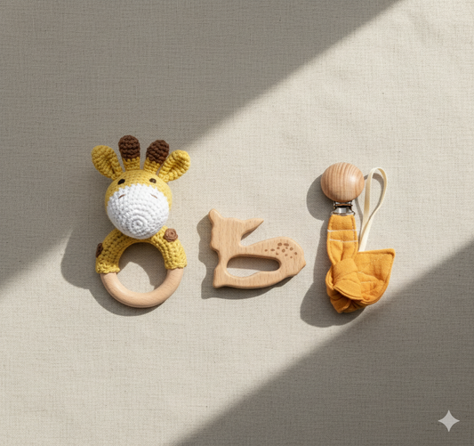 Giraffe Crochet Baby Set – Natural Wooden Teether, Rattle & Pacifier Clip