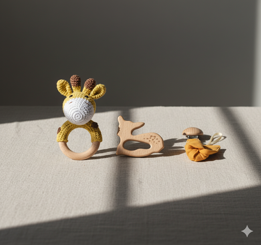 Giraffe Crochet Baby Set – Natural Wooden Teether, Rattle & Pacifier Clip