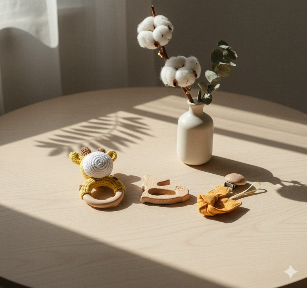 Giraffe Crochet Baby Set – Natural Wooden Teether, Rattle & Pacifier Clip