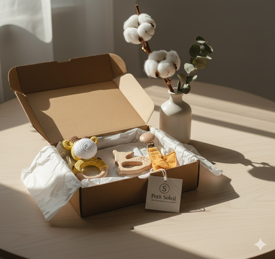 Giraffe Crochet Baby Set – Natural Wooden Teether, Rattle & Pacifier Clip