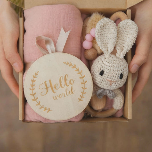 Baby gift set with pink blanket, crocheted bunny, and 'Hello world' plaque in a box, brand 'bapoobo' visible.